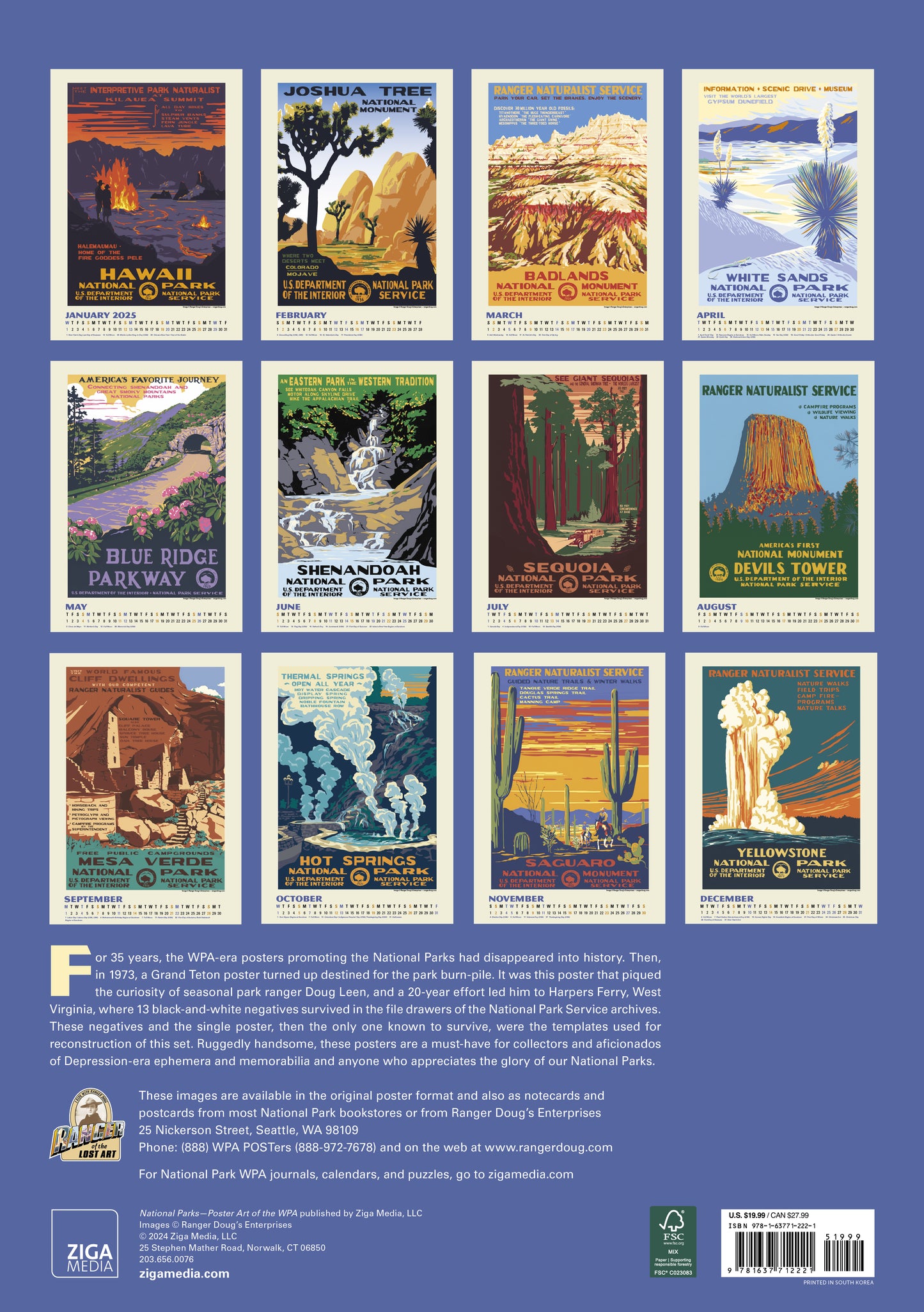 National Parks Poster Art of The WPA Oversize Wall Calendar 2025, 13.38'' x 19'' Spiral Bound with Hanger