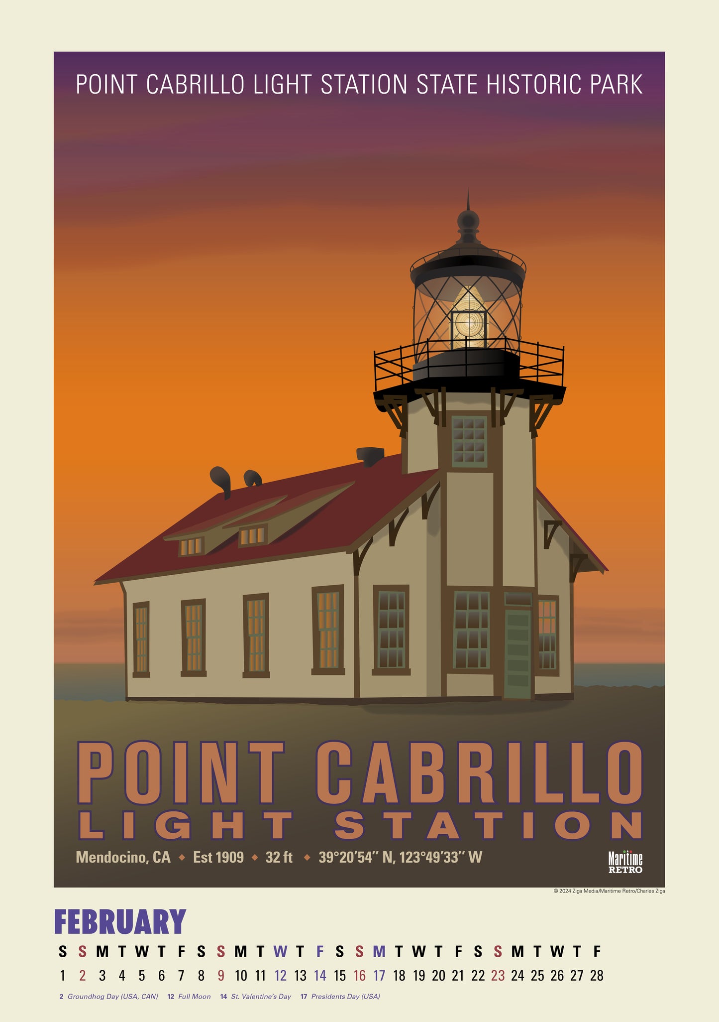 Pacific Coast Lighthouses Oversize Wall Calendar 2025, 13.38'' x 19'' Spiral Bound with Hanger