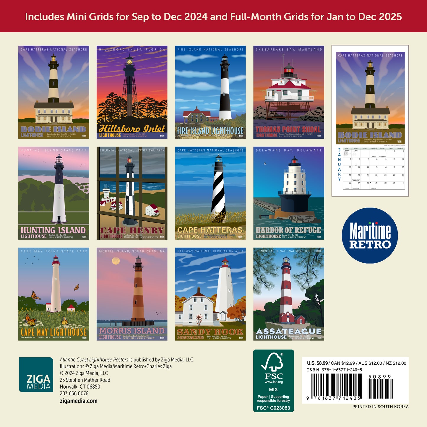 Atlantic Coast Lighthouse Posters Mini Wall Calendar 2025, 7" x 7"