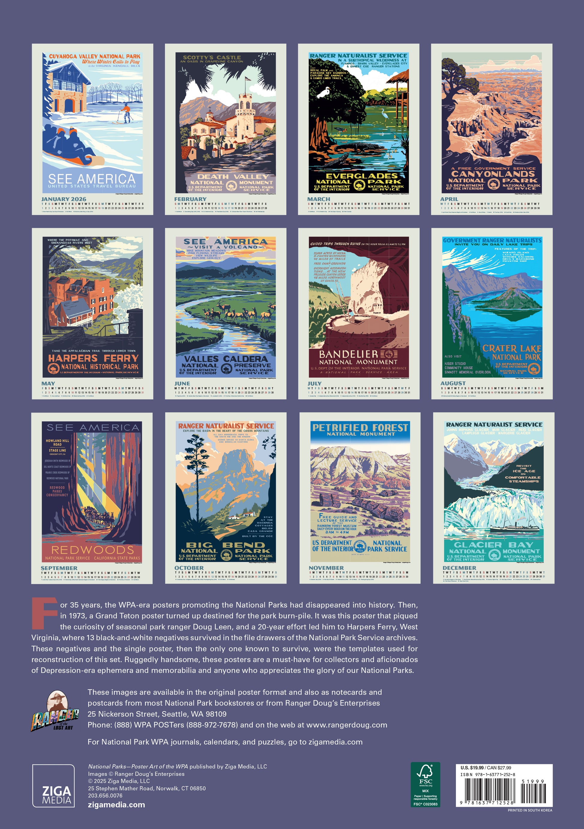 Spiral-bound wall calendar with hanger and park illustrations