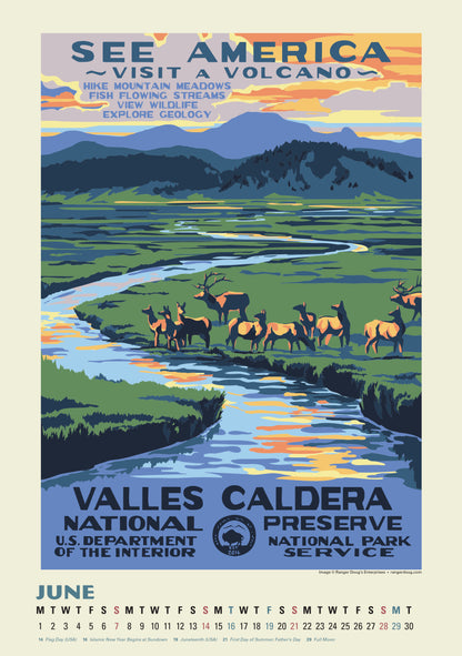 Oversize 13.4" x 19" calendar featuring vintage park posters