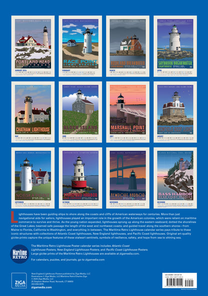 Spiral-bound wall calendar with coastal lighthouse photography