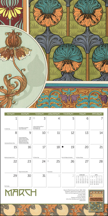 Monthly 2026 calendar featuring ornament art from MFA, Boston