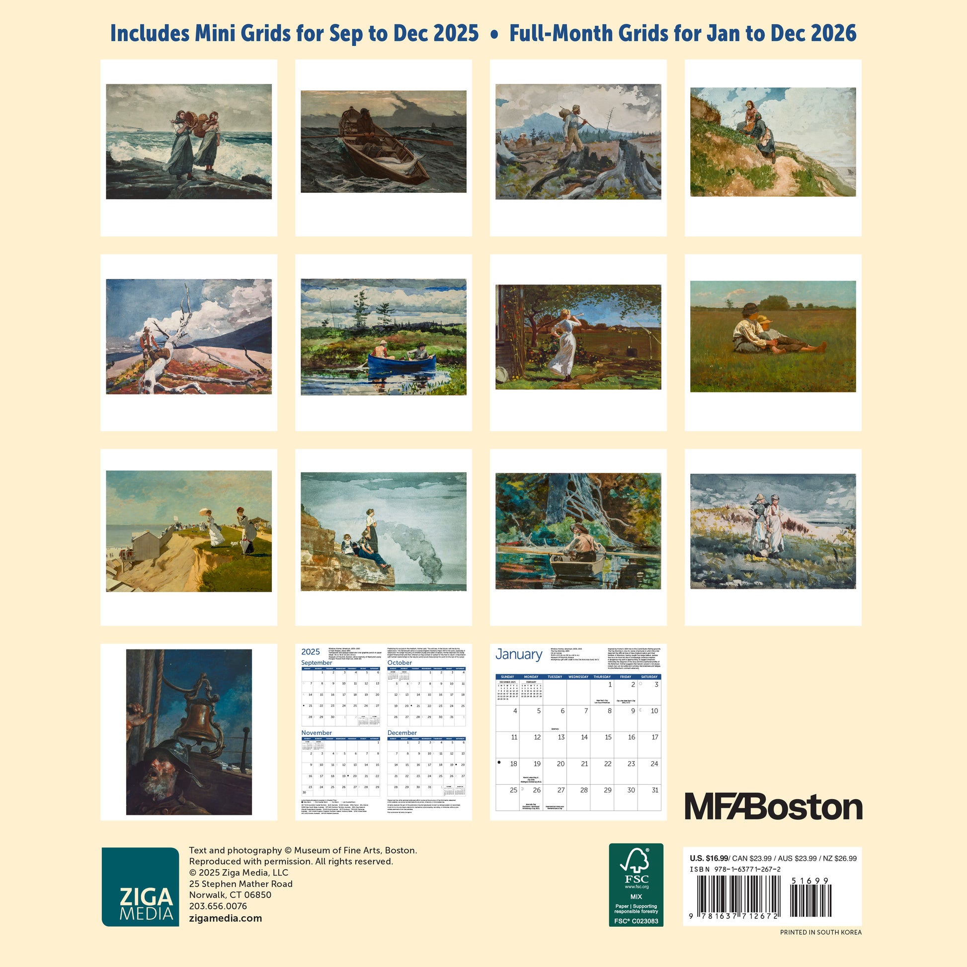 Nature-themed Winslow Homer calendar by MFA Boston for 2026