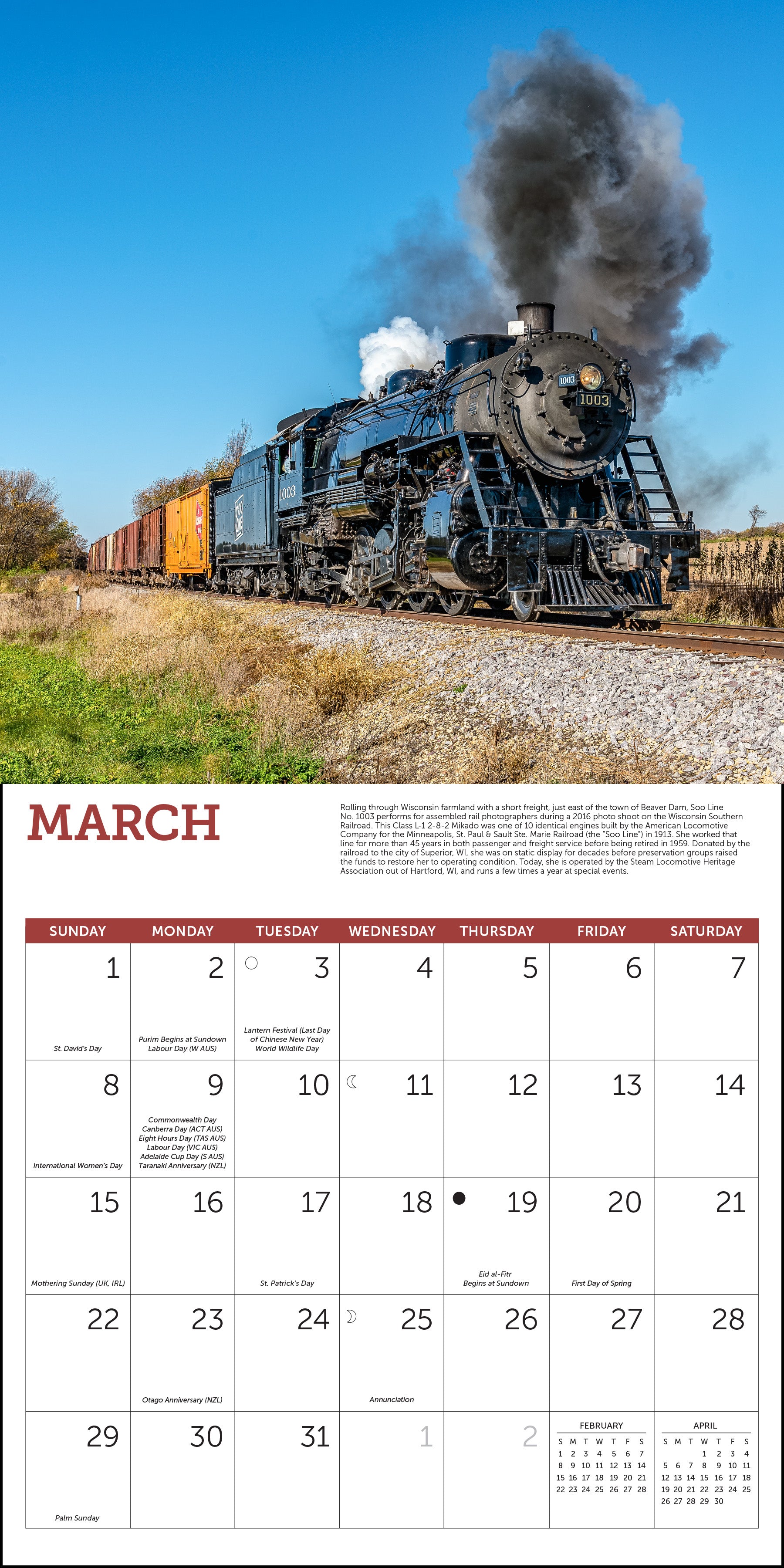 Monthly 2026 calendar featuring vintage steam trains
