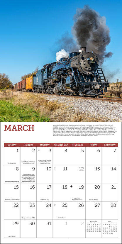 Monthly 2026 calendar featuring vintage steam trains