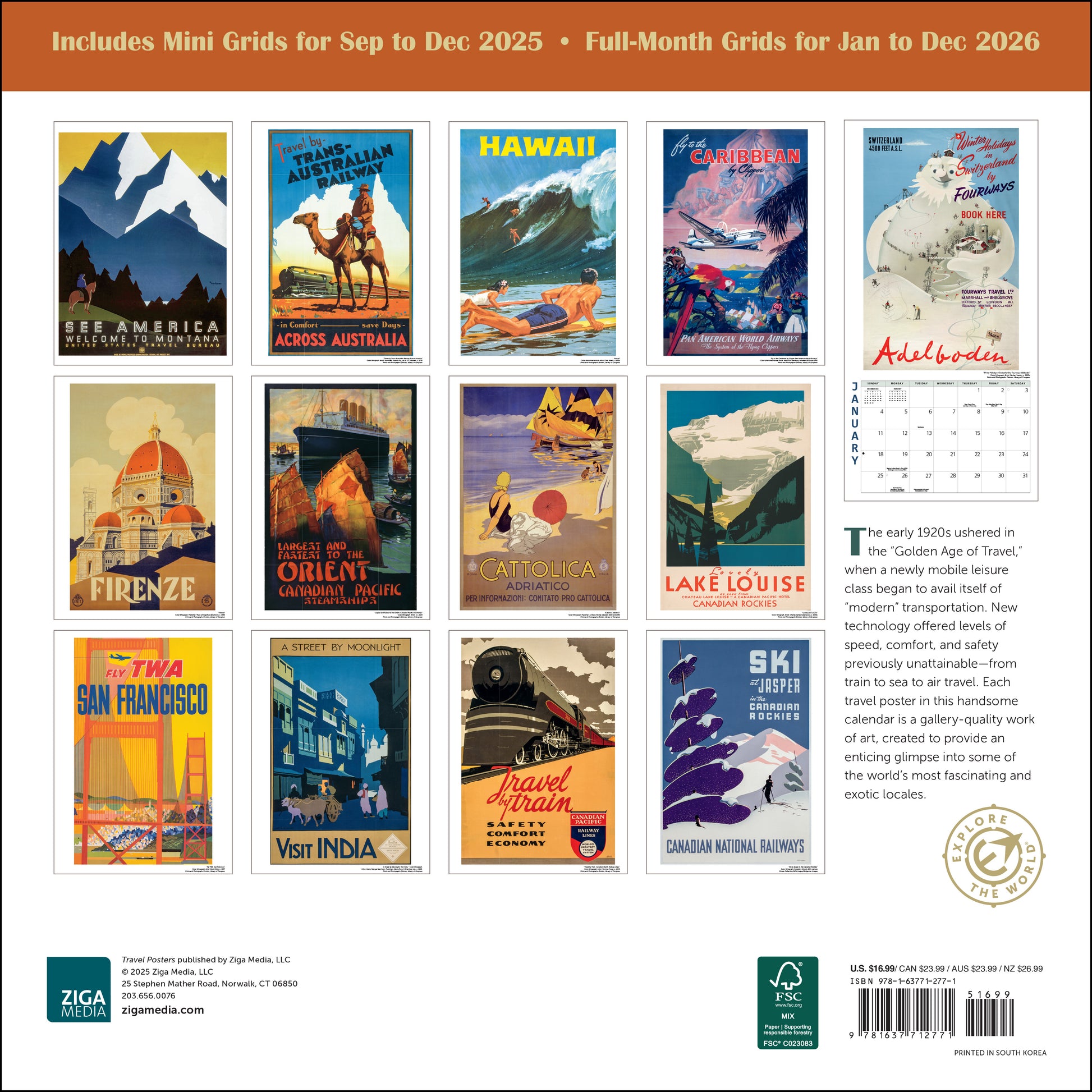2026 wall calendar featuring classic travel illustrations