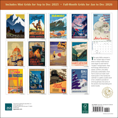 2026 wall calendar featuring classic travel illustrations
