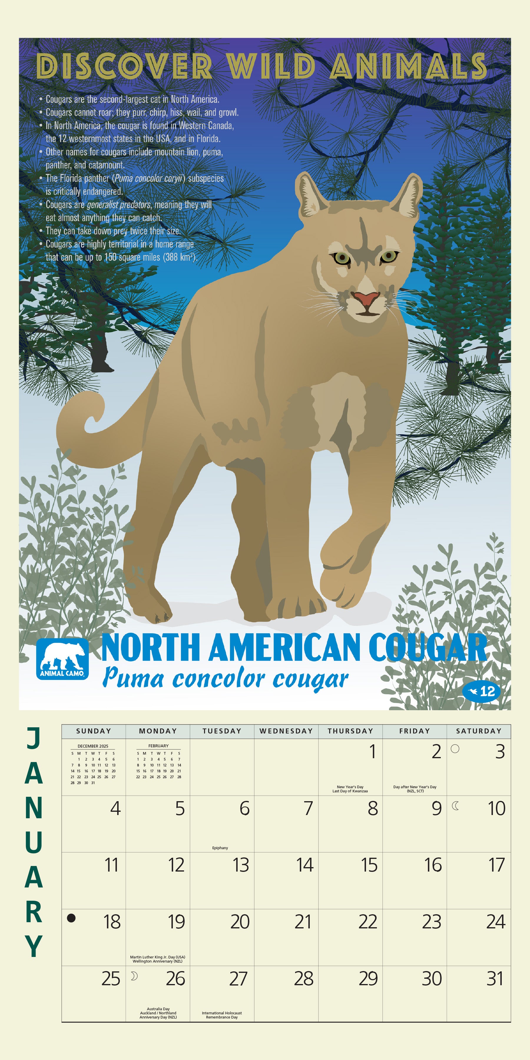 Mini wall calendar with U.S. wildlife photos, 7" x 7"