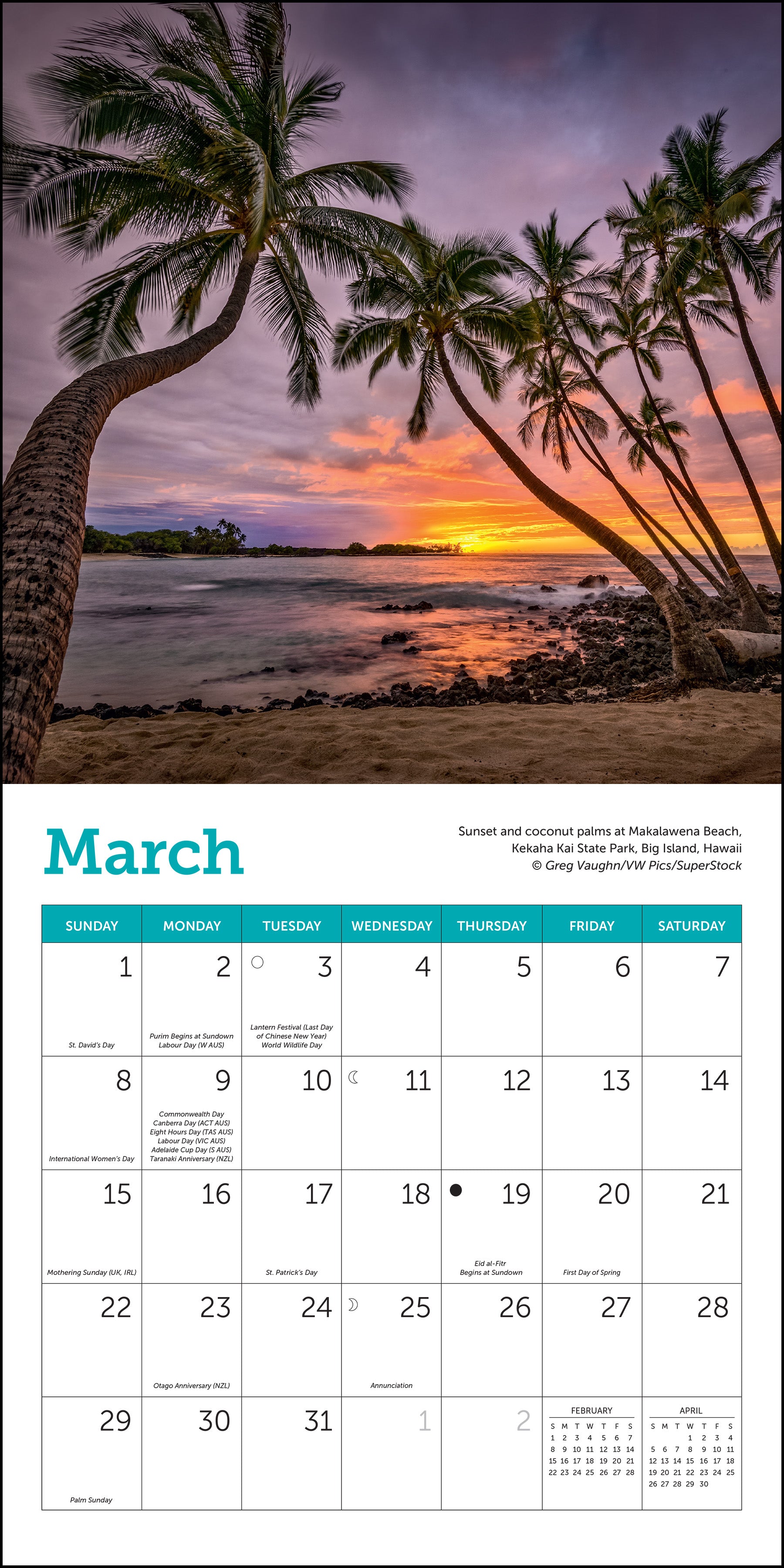 Mini wall calendar featuring island scenery