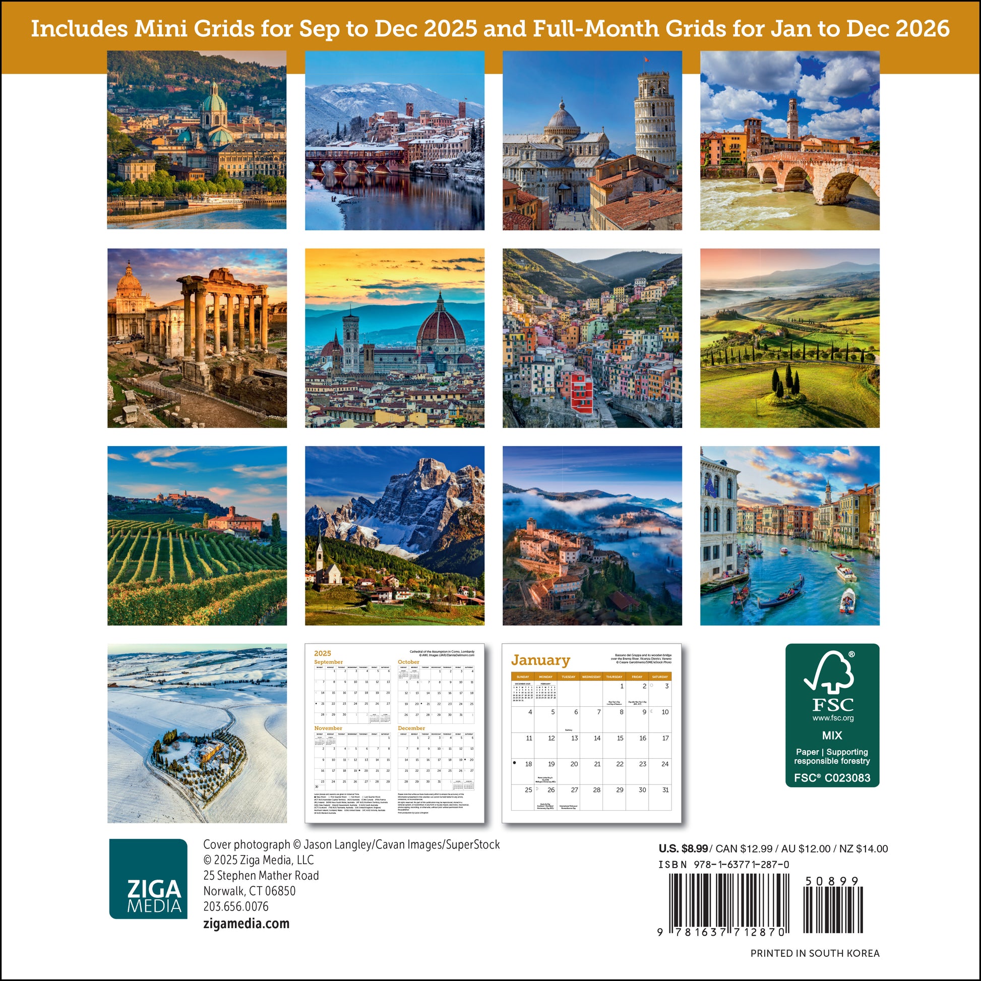Small 2026 calendar with landscapes of Italy