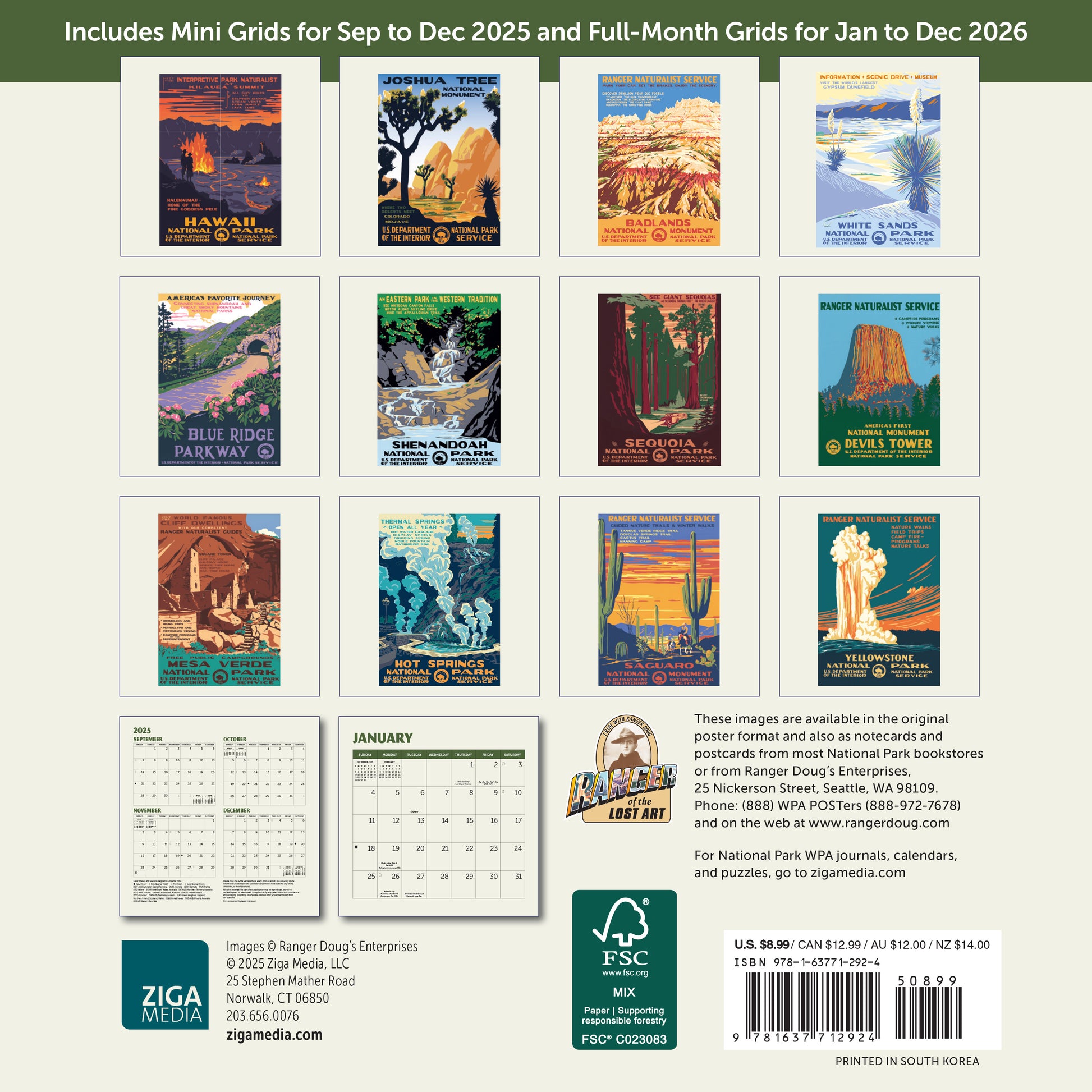 Small 2026 calendar with retro park illustrations