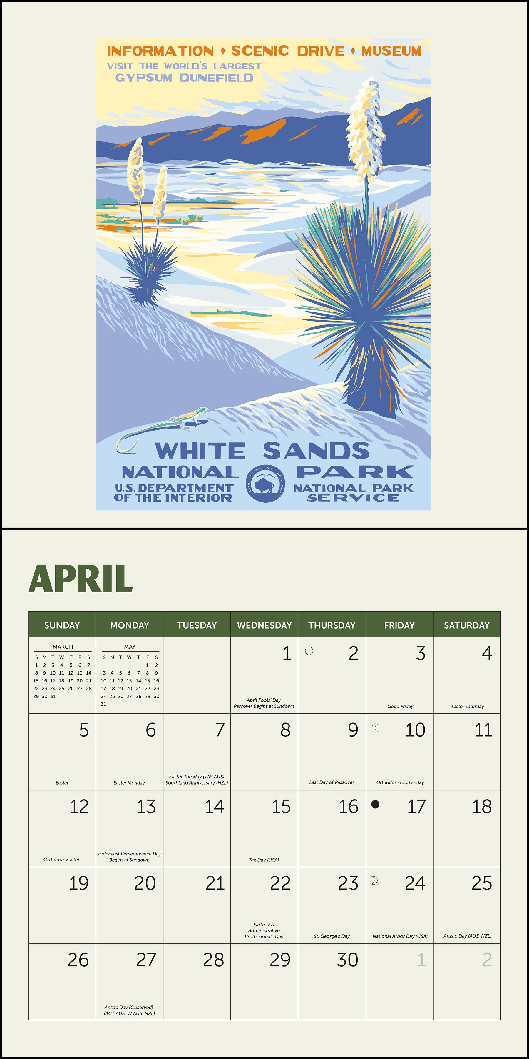 Mini wall calendar with vintage WPA park posters