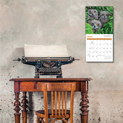 Compact 7" x 7" owl-themed wall calendar