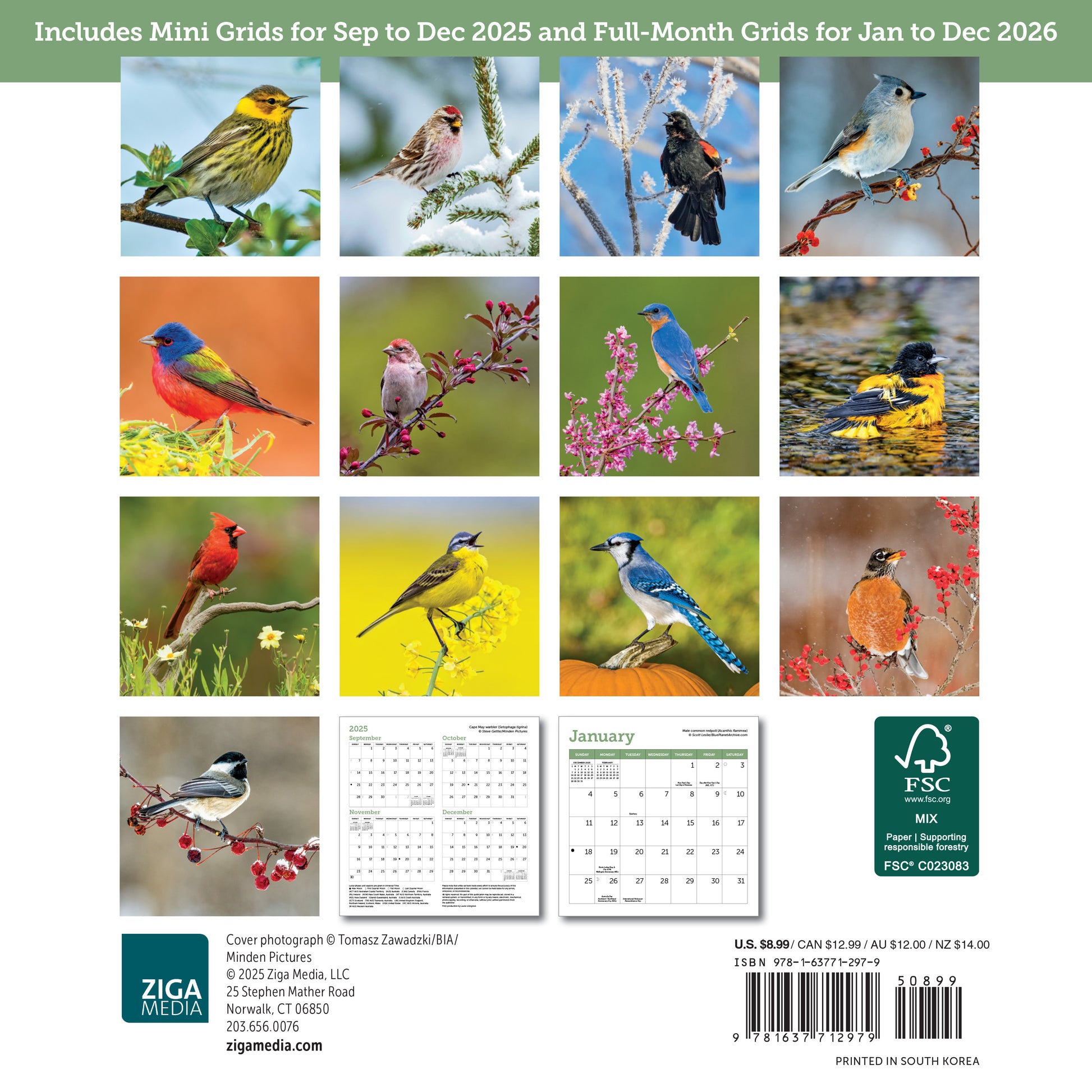 Small 2026 calendar showcasing singing birds