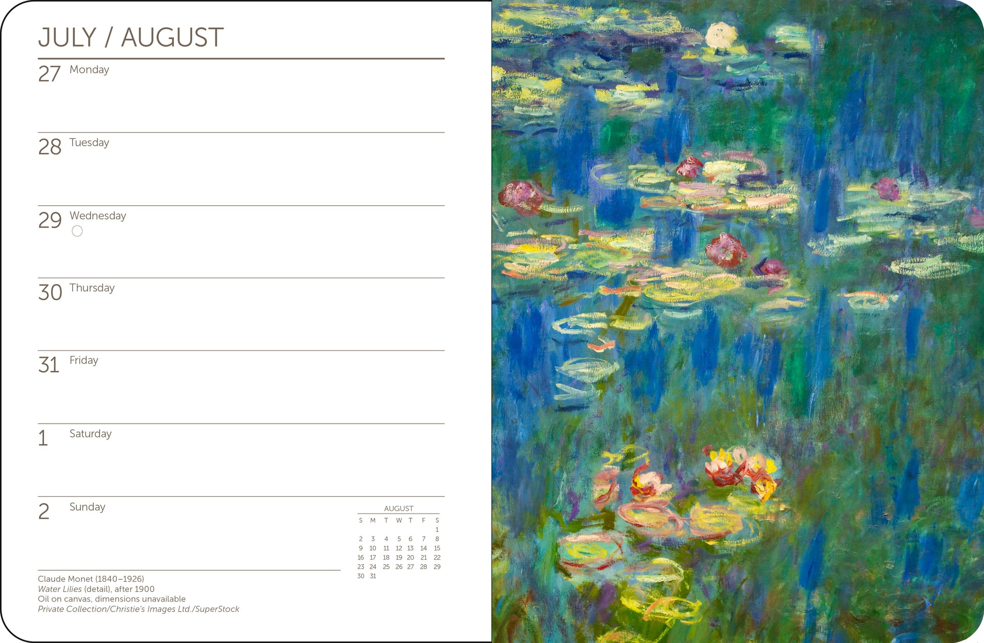 2026 Impressionists planner with classic impressionist art and spiral binding