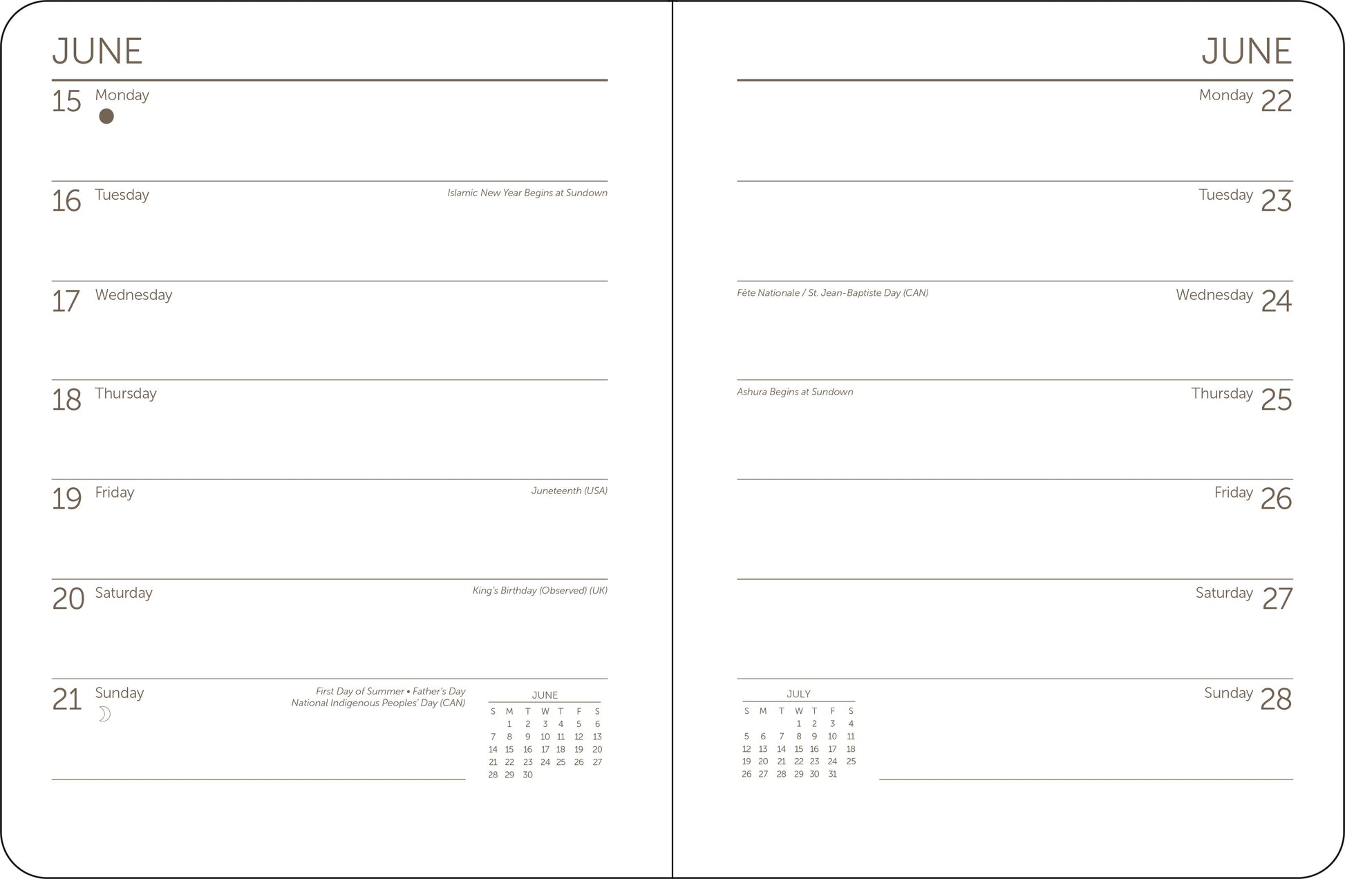 Spiral-bound Italy 2026 planner showing weekly layout with lined writing space