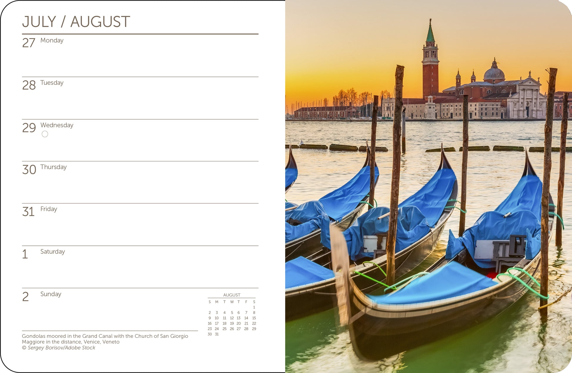 Interior page with photograph of Italian coastline and weekly planner view