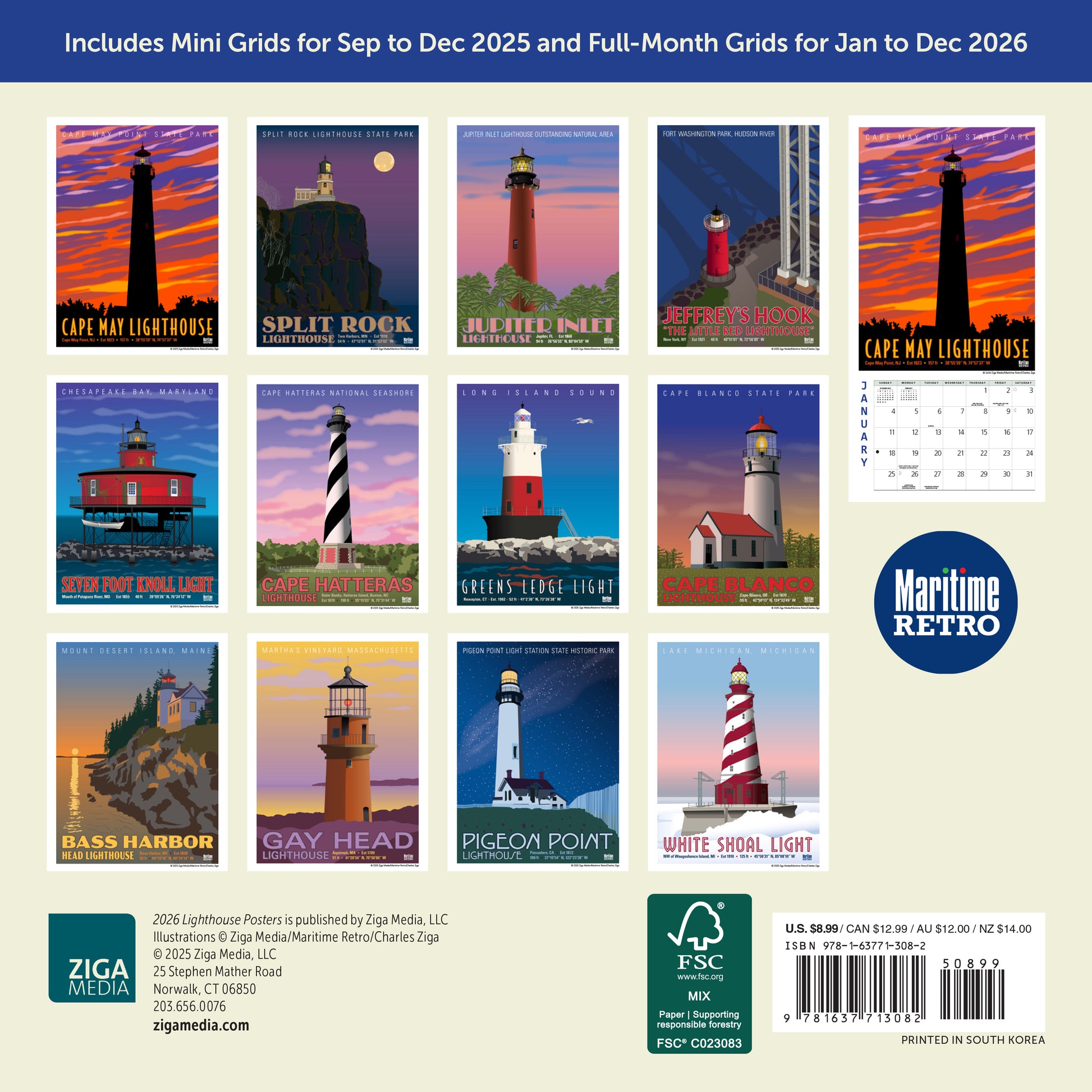 Small 2026 wall calendar with lighthouse illustrations