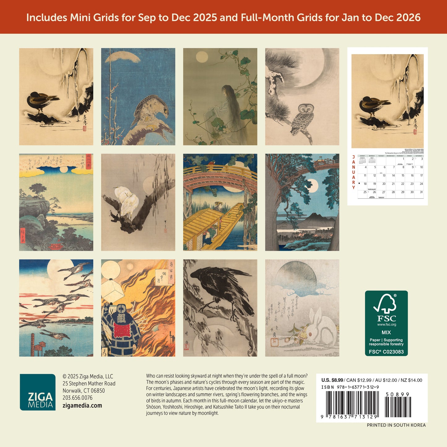 Small 2026 calendar with Japanese art and full moons