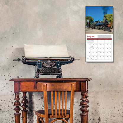 Compact 7" x 7" calendar showcasing steam locomotives