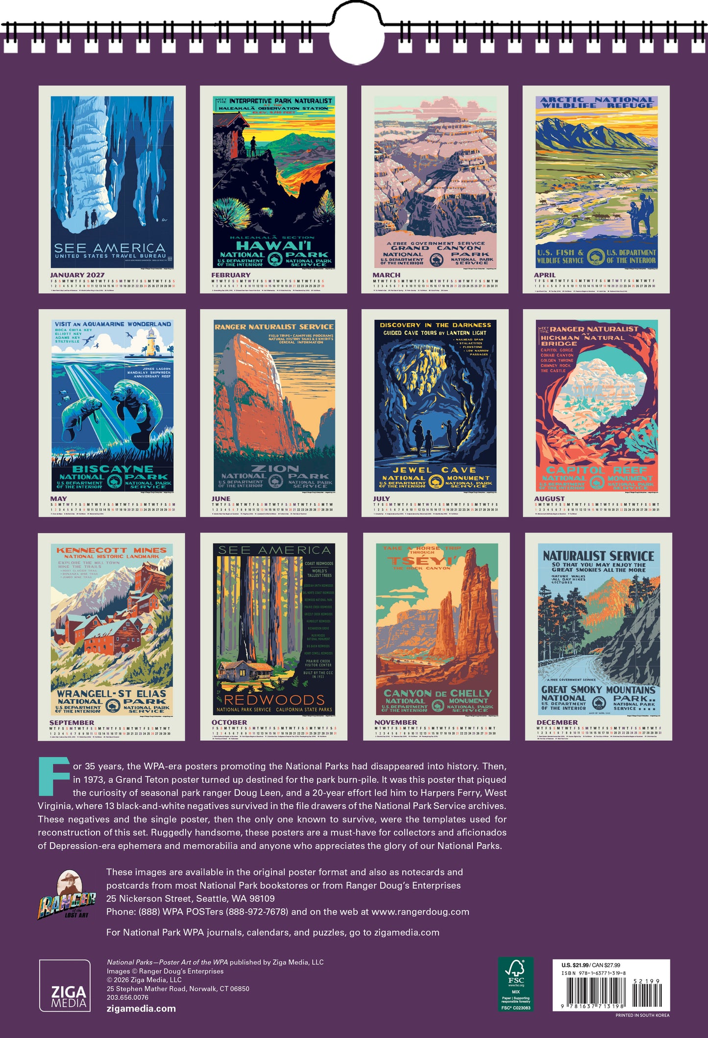 2027 National Parks WPA Large Wall Calendar 13.4" x 19" Spiral Bound with Hanger