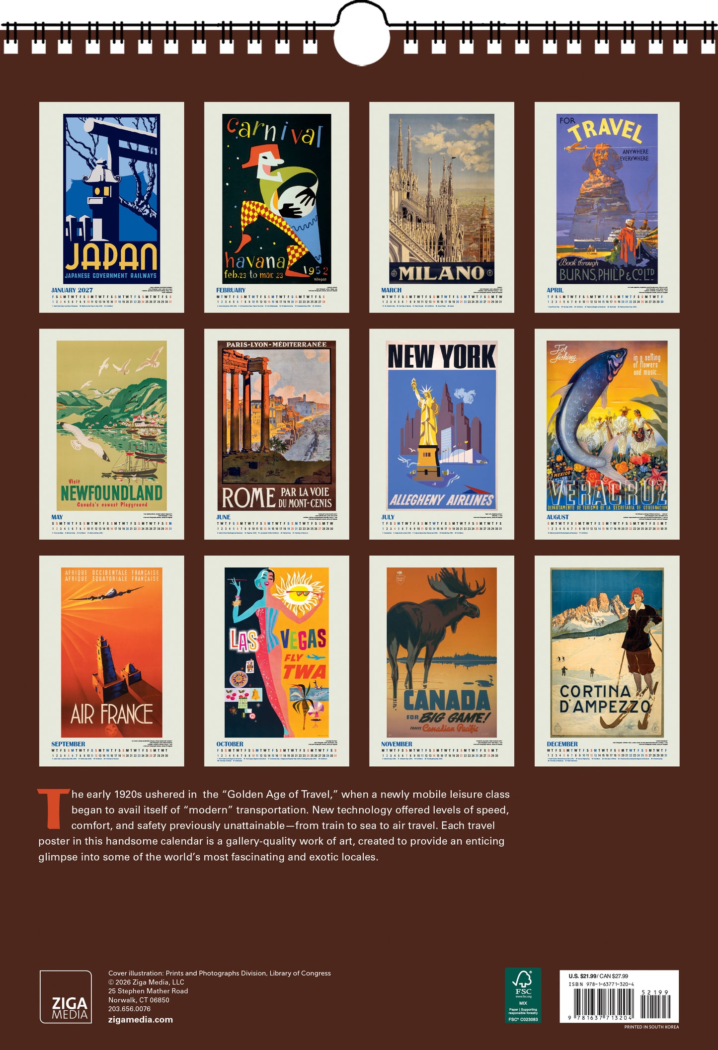 2027 Travel the World Large Wall Calendar 13.4" x 19" Spiral Bound with Hanger