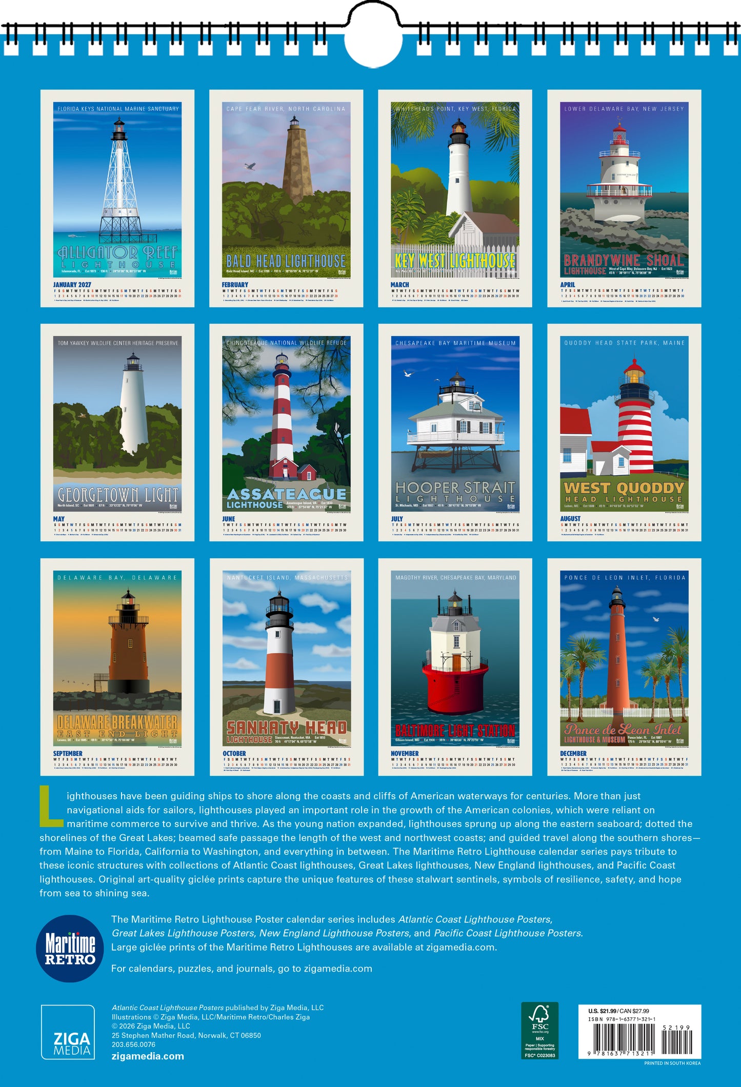 2027 Atlantic Coast Lighthouse Posters Large Wall Calendar 13.4" x 19" Spiral Bound with Hanger
