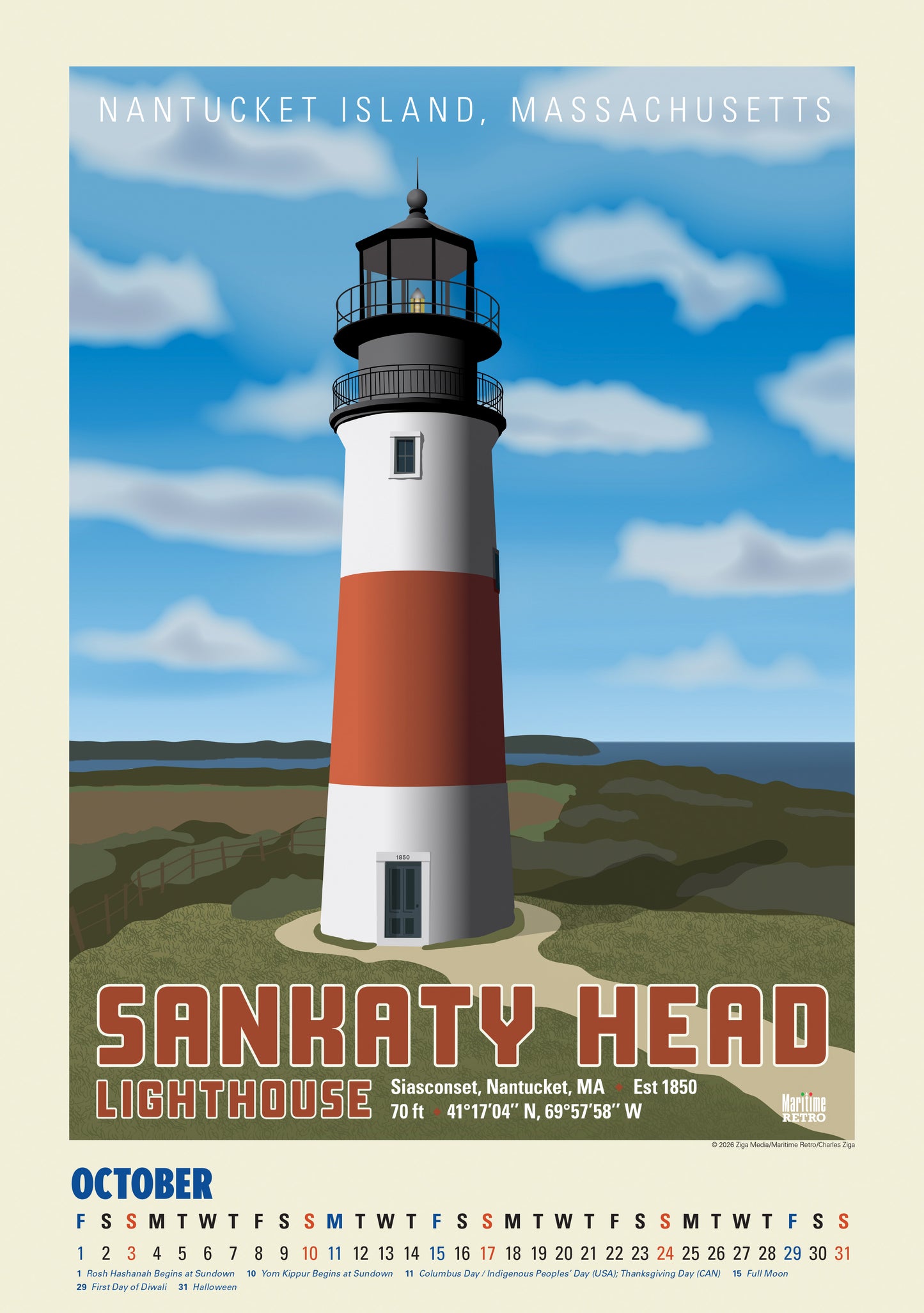 2027 Atlantic Coast Lighthouse Posters Large Wall Calendar 13.4" x 19" Spiral Bound with Hanger