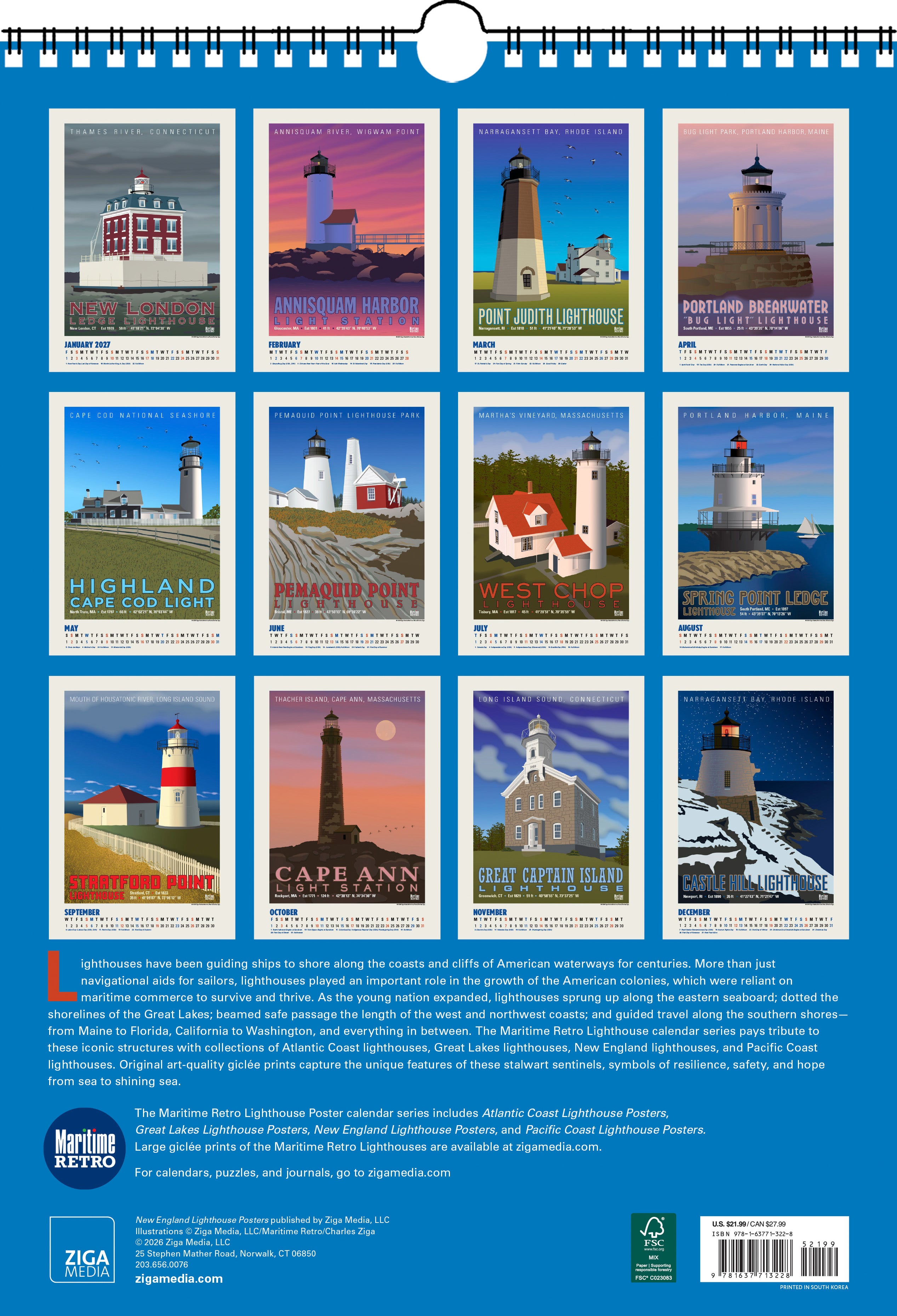 2027 New England Lighthouse Posters Large Wall Calendar 13.4