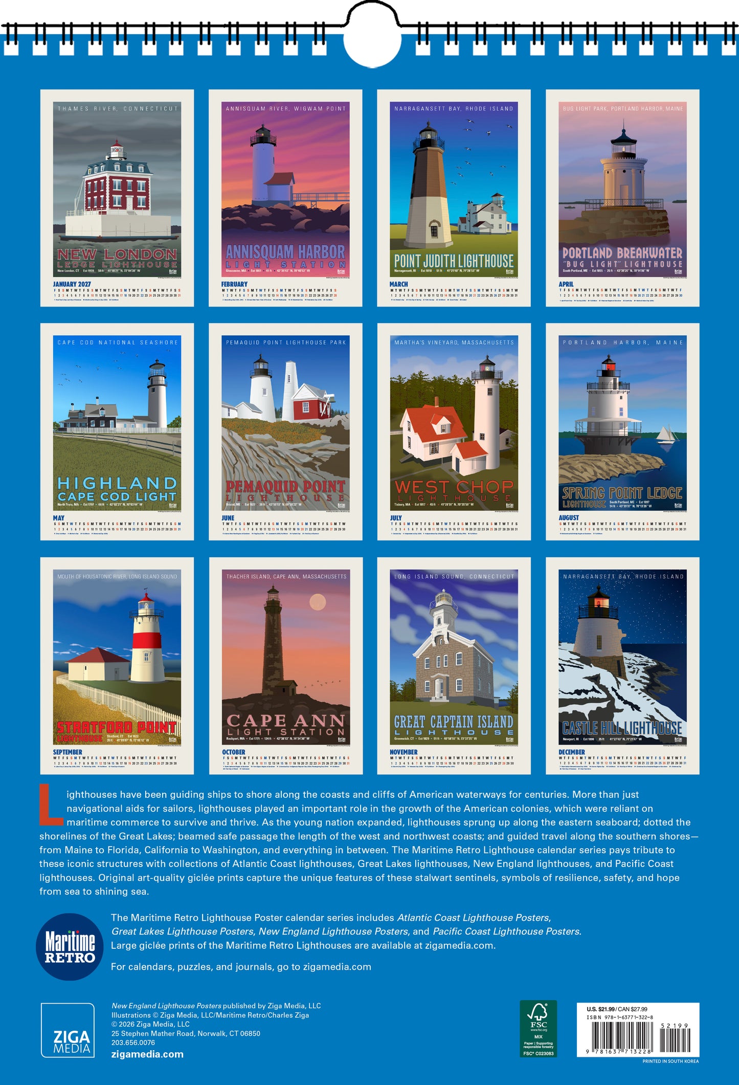 2027 New England Lighthouse Posters Large Wall Calendar 13.4" x 19" Spiral Bound with Hanger
