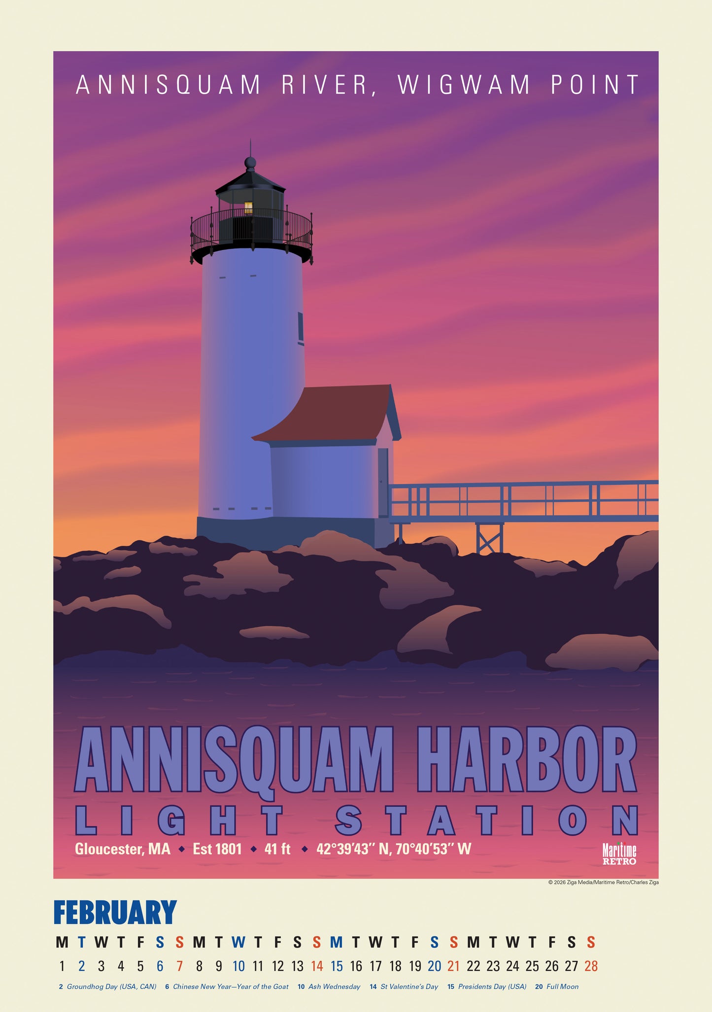 2027 New England Lighthouse Posters Large Wall Calendar 13.4" x 19" Spiral Bound with Hanger