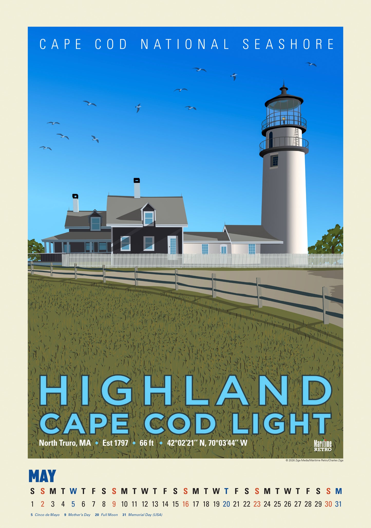 2027 New England Lighthouse Posters Large Wall Calendar 13.4" x 19" Spiral Bound with Hanger