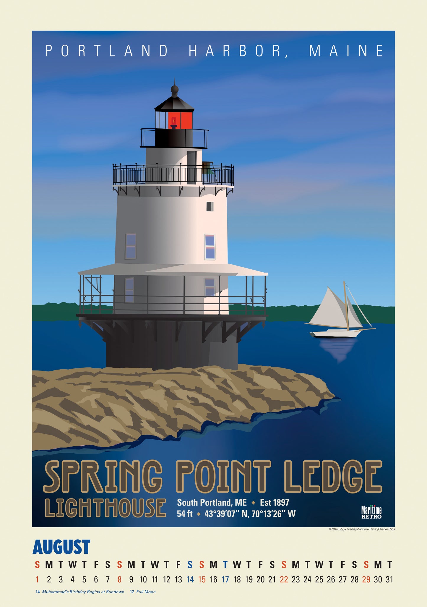 2027 New England Lighthouse Posters Large Wall Calendar 13.4" x 19" Spiral Bound with Hanger