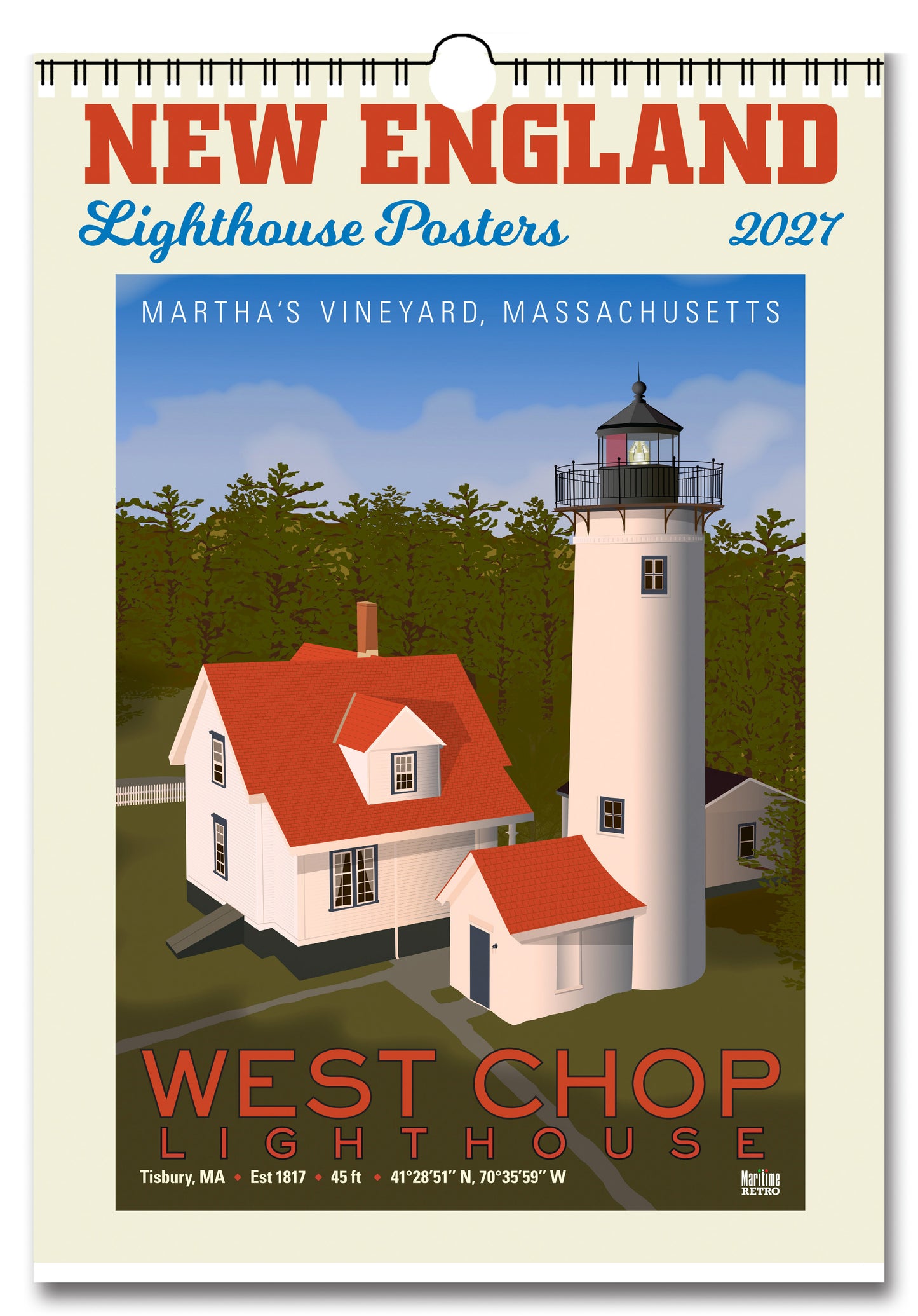 2027 New England Lighthouse Posters Large Wall Calendar 13.4" x 19" Spiral Bound with Hanger