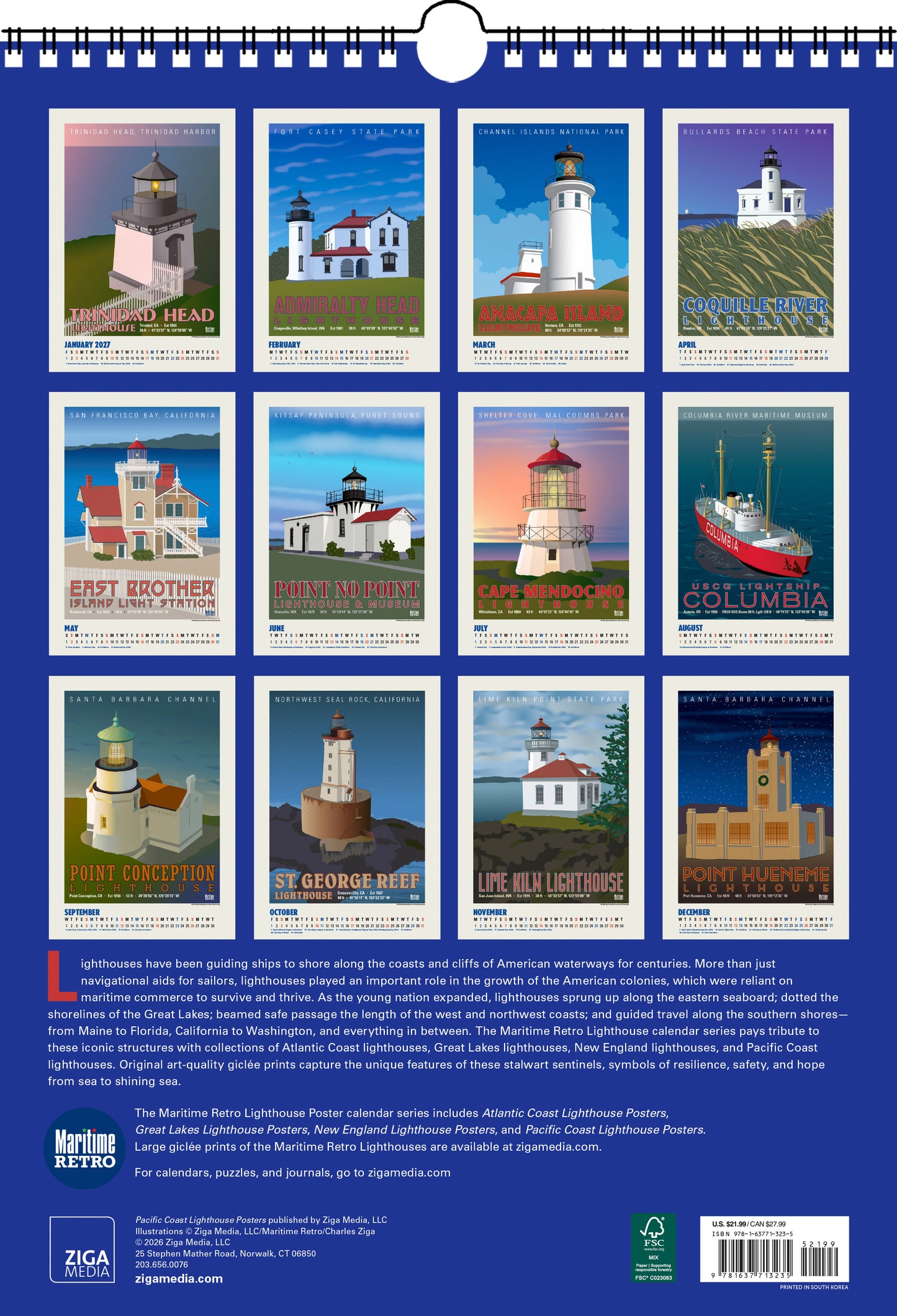 2027 Pacific Coast Lighthouse Posters Large Wall Calendar 13.4" x 19" Spiral Bound with Hanger