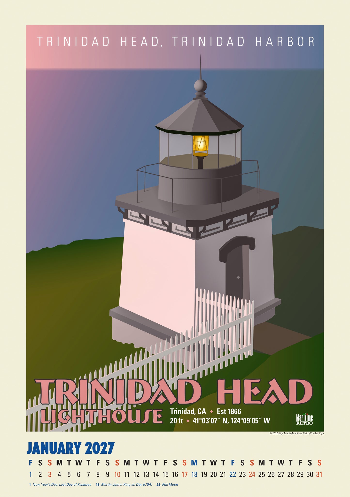 2027 Pacific Coast Lighthouse Posters Large Wall Calendar 13.4" x 19" Spiral Bound with Hanger