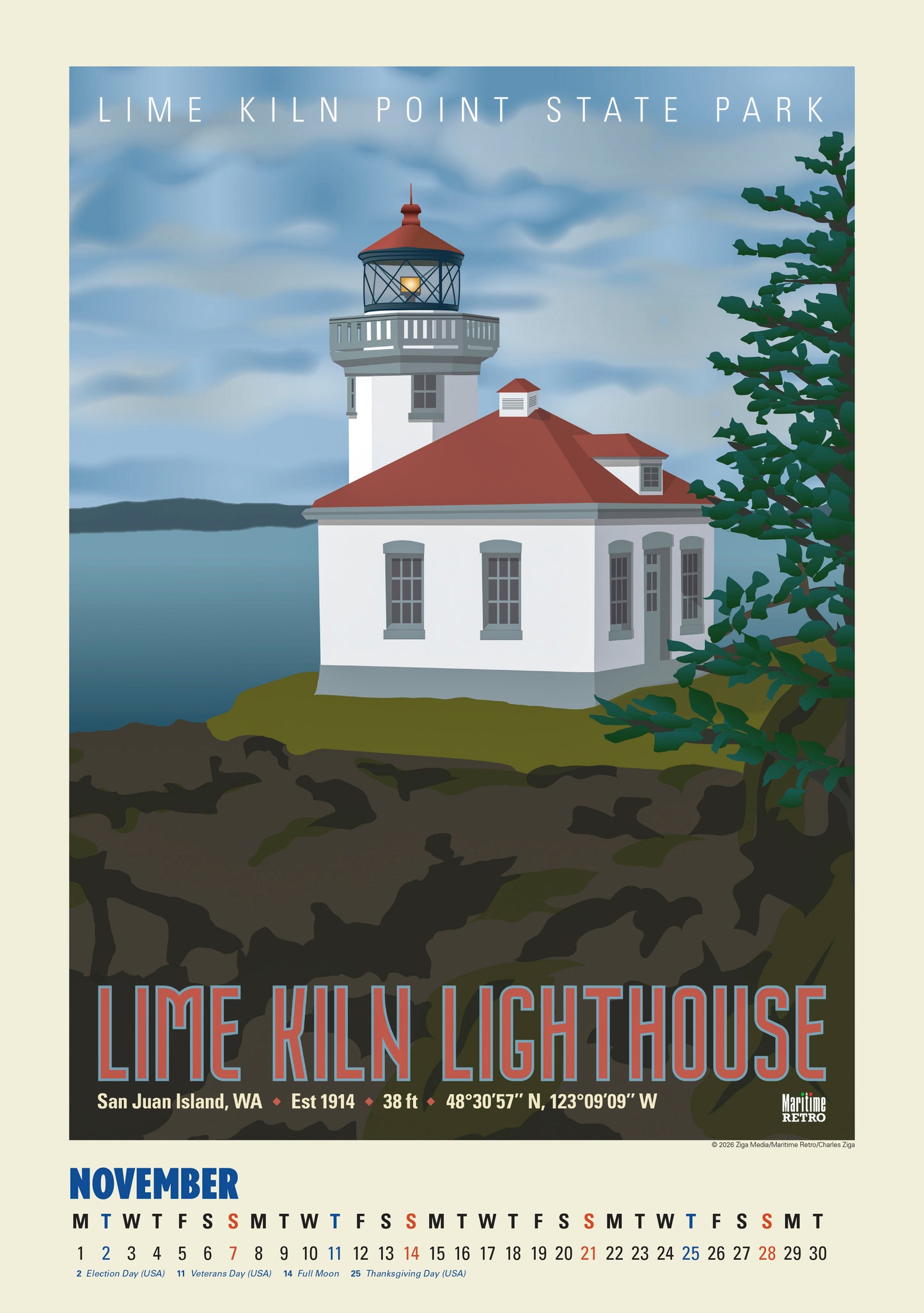 2027 Pacific Coast Lighthouse Posters Large Wall Calendar 13.4" x 19" Spiral Bound with Hanger