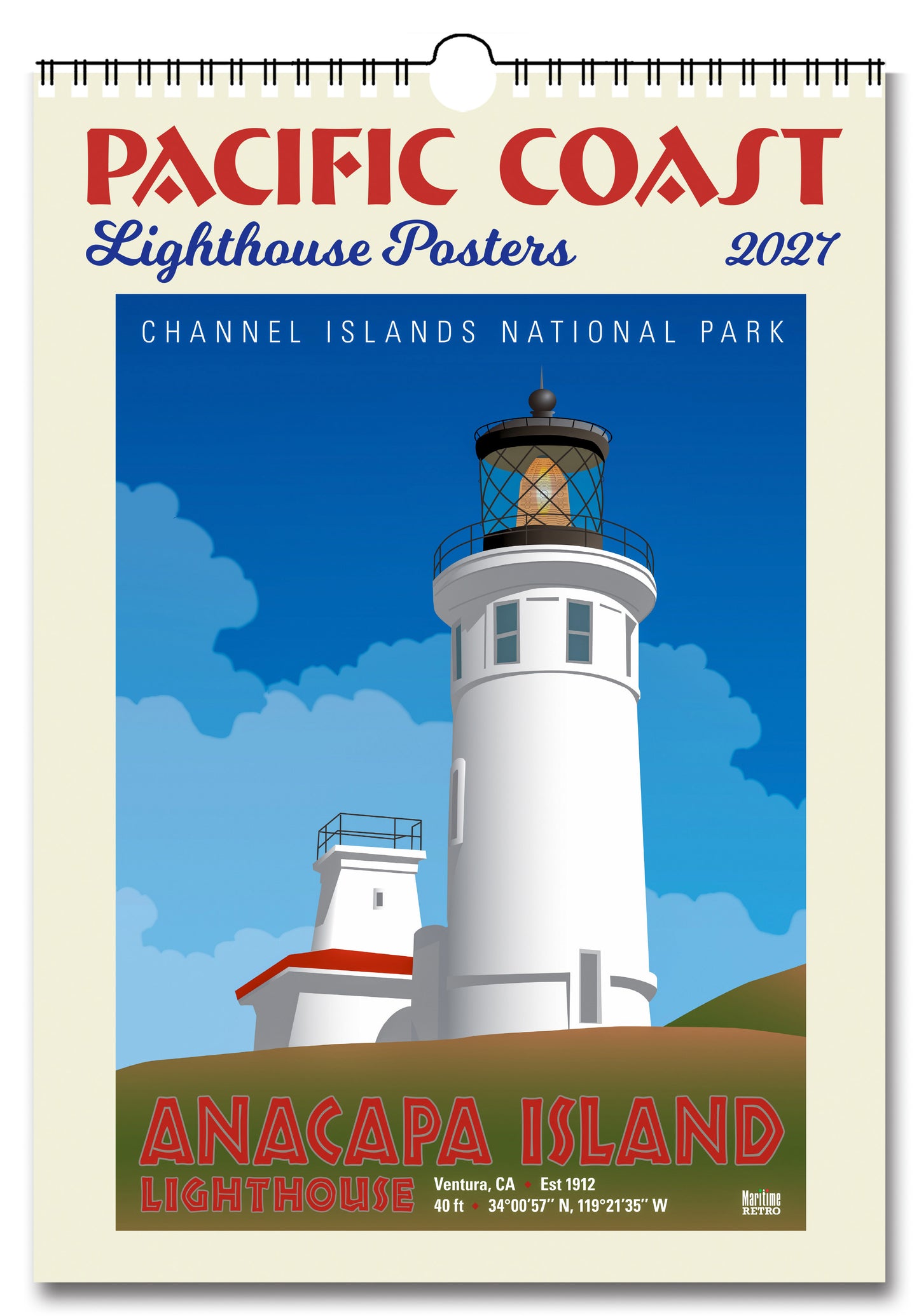 2027 Pacific Coast Lighthouse Posters Large Wall Calendar 13.4" x 19" Spiral Bound with Hanger