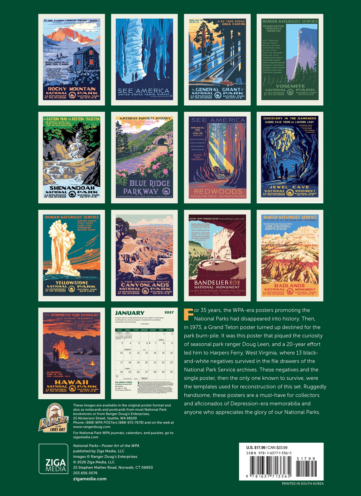 2027 National Parks WPA GID Wall Calendar, 8.75" x 12"