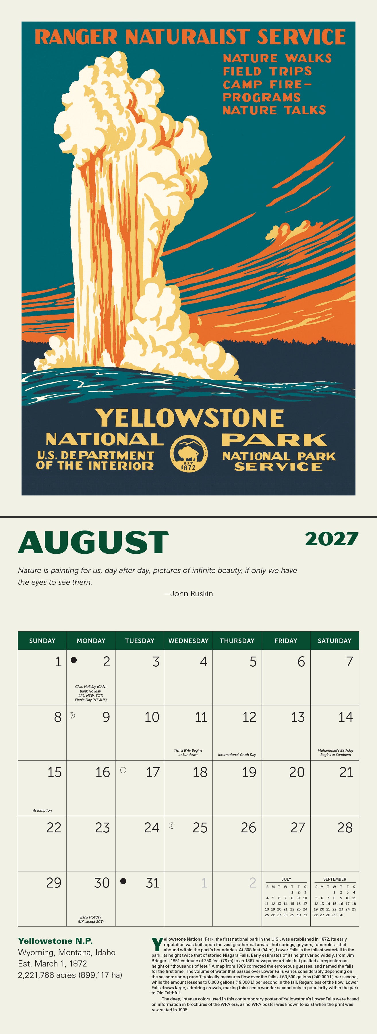 2027 National Parks WPA GID Wall Calendar, 8.75" x 12"