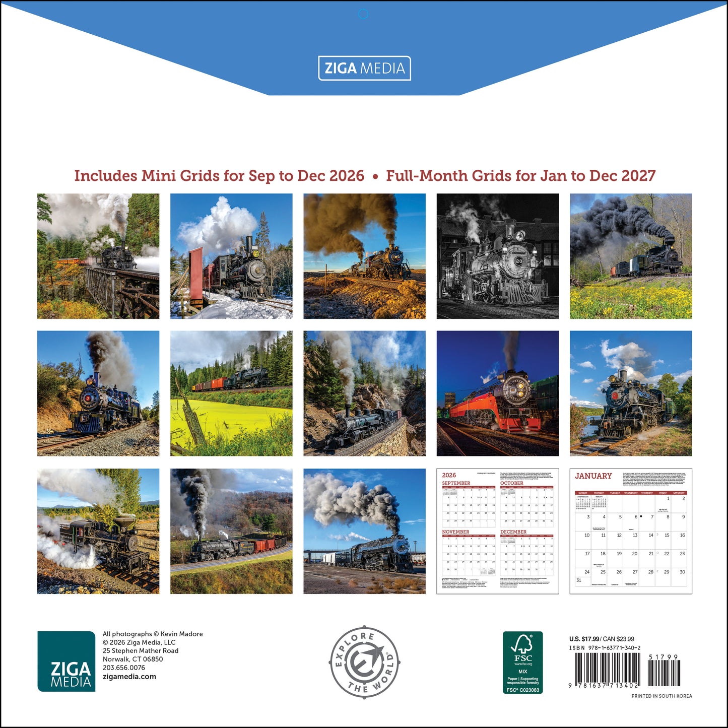 2027 Steam Trains Wall Calendar, 12" x 12"
