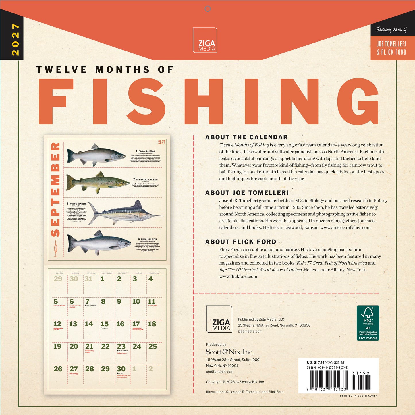 2027 Twelve Months of Fishing Wall Calendar, 12" x 12"