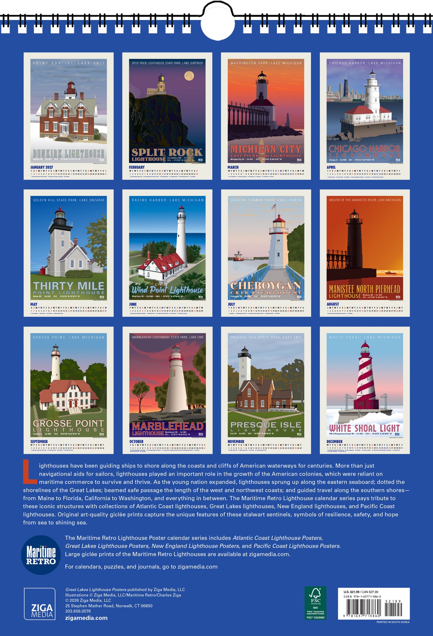 2027 Great Lakes Lighthouse Posters Large Wall Calendar 13.4" x 19" Spiral Bound with Hanger