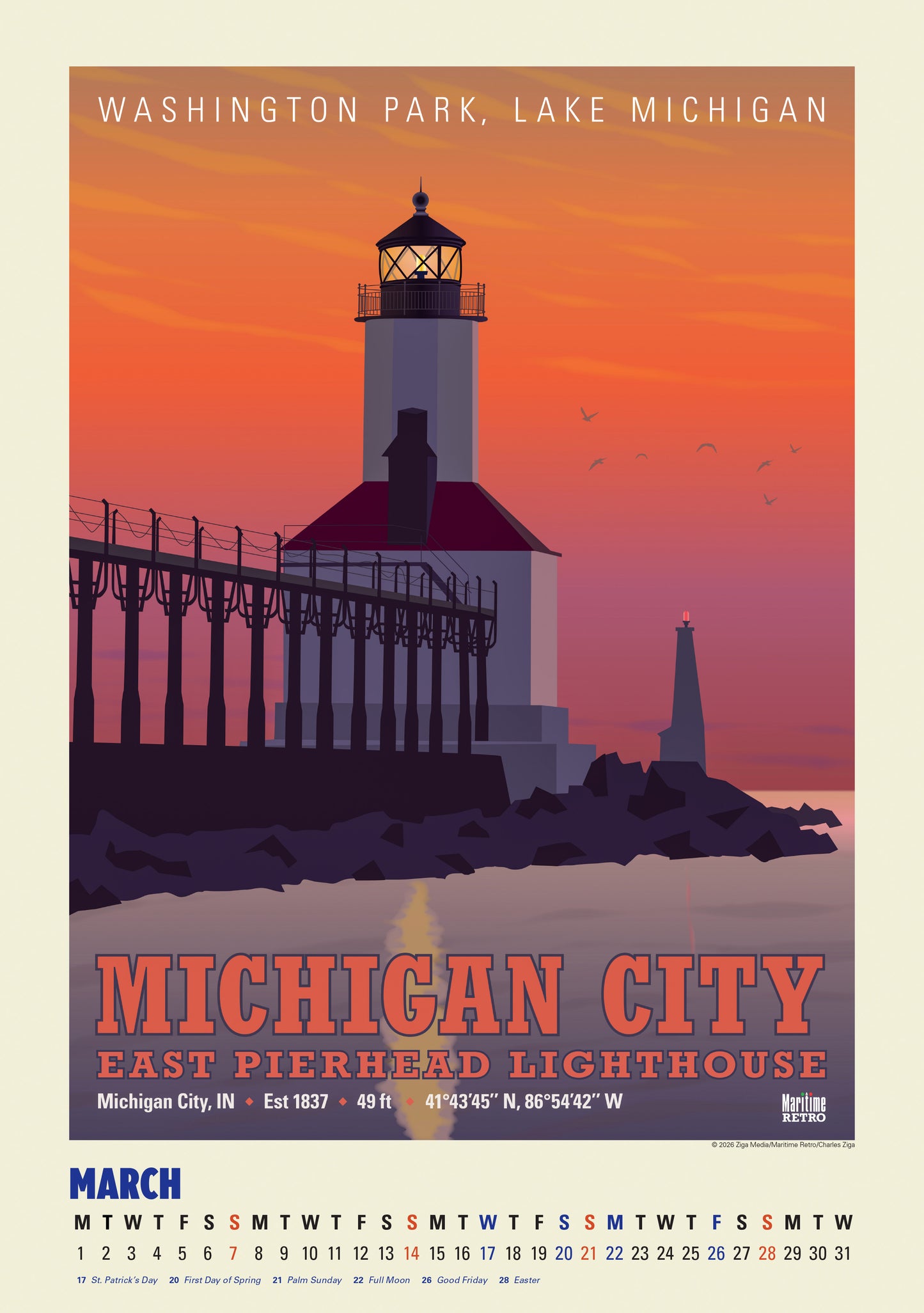2027 Great Lakes Lighthouse Posters Large Wall Calendar 13.4" x 19" Spiral Bound with Hanger