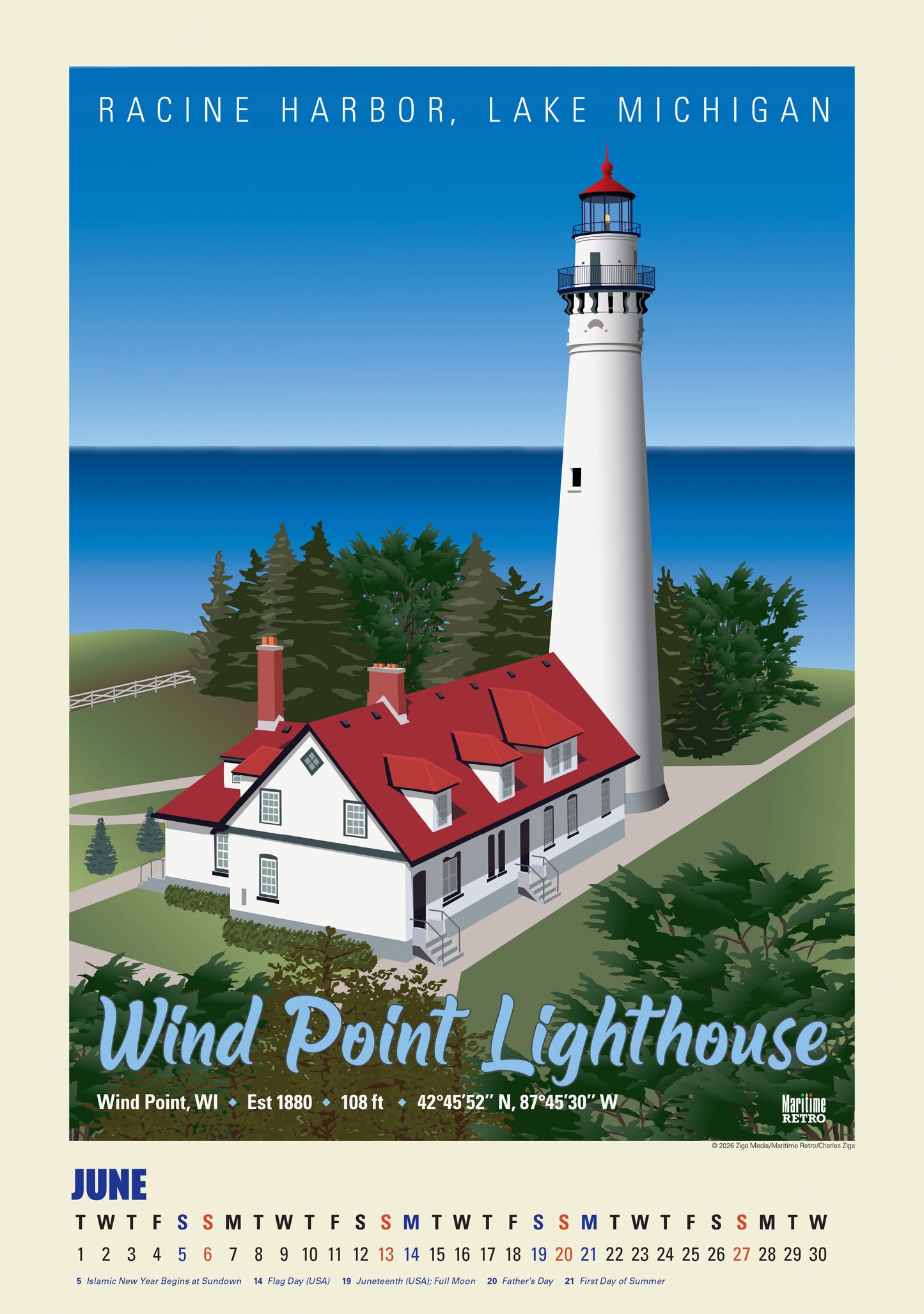 2027 Great Lakes Lighthouse Posters Large Wall Calendar 13.4" x 19" Spiral Bound with Hanger