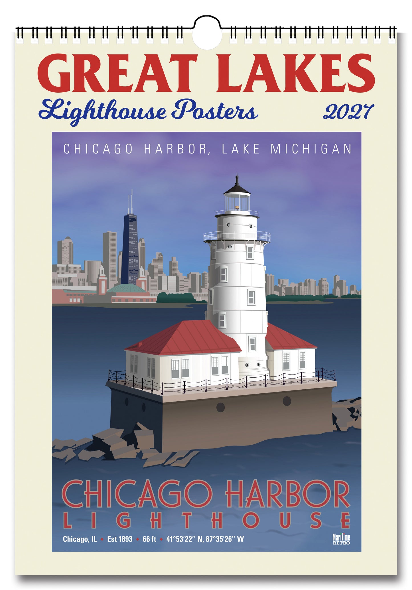 2027 Great Lakes Lighthouse Posters Large Wall Calendar 13.4" x 19" Spiral Bound with Hanger
