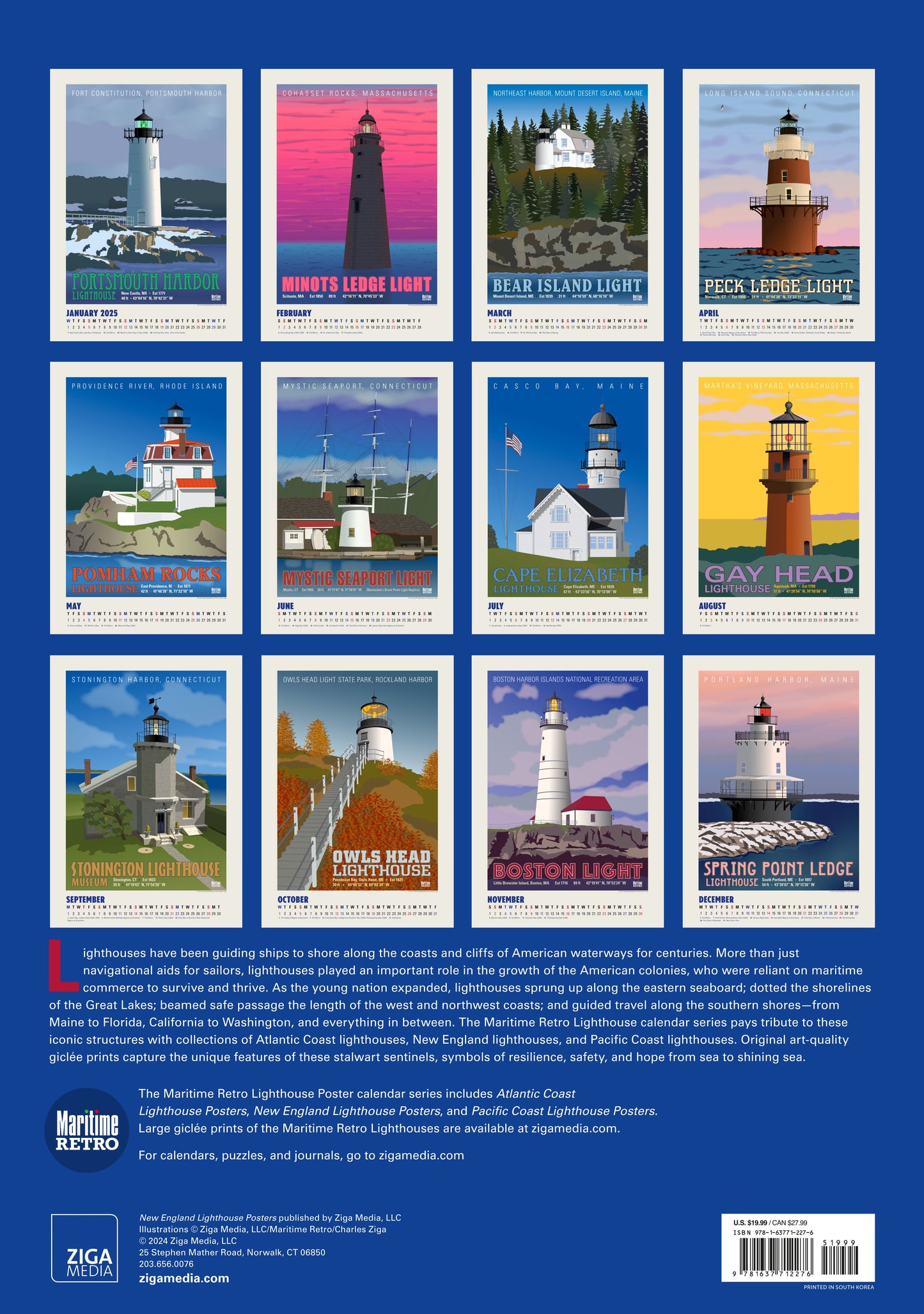 New England Lighthouses Oversize Wall Calendar 2025, 13.38'' x 19'' Spiral Bound with Hanger