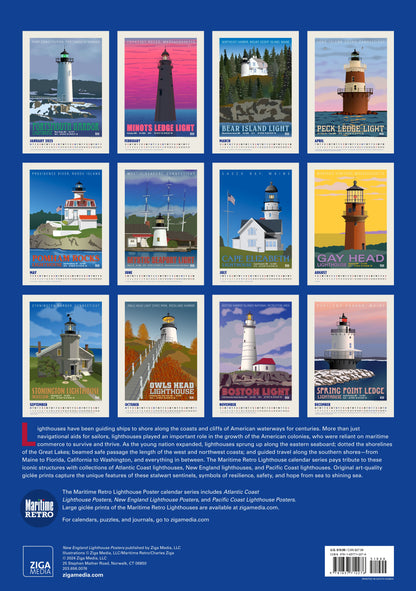 New England Lighthouses Oversize Wall Calendar 2025, 13.38'' x 19'' Spiral Bound with Hanger