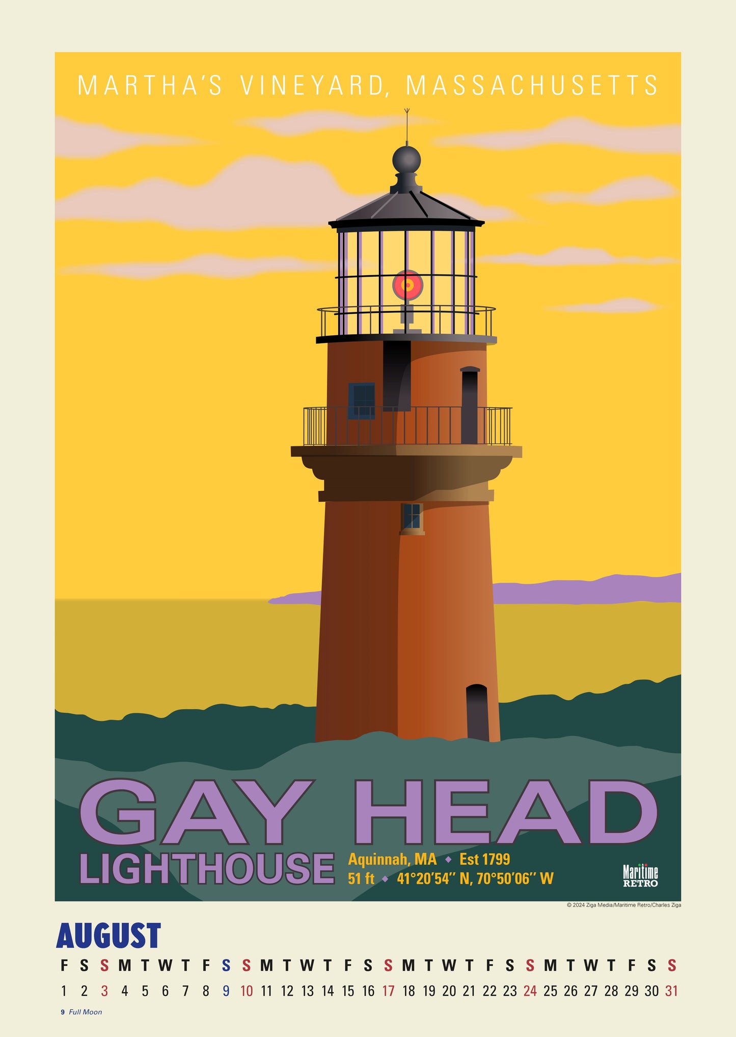 New England Lighthouses Oversize Wall Calendar 2025, 13.38'' x 19'' Spiral Bound with Hanger